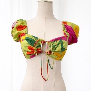 SABO Floral Puff Sleeve Crop Top M Tie Front NWT Summer Vacation